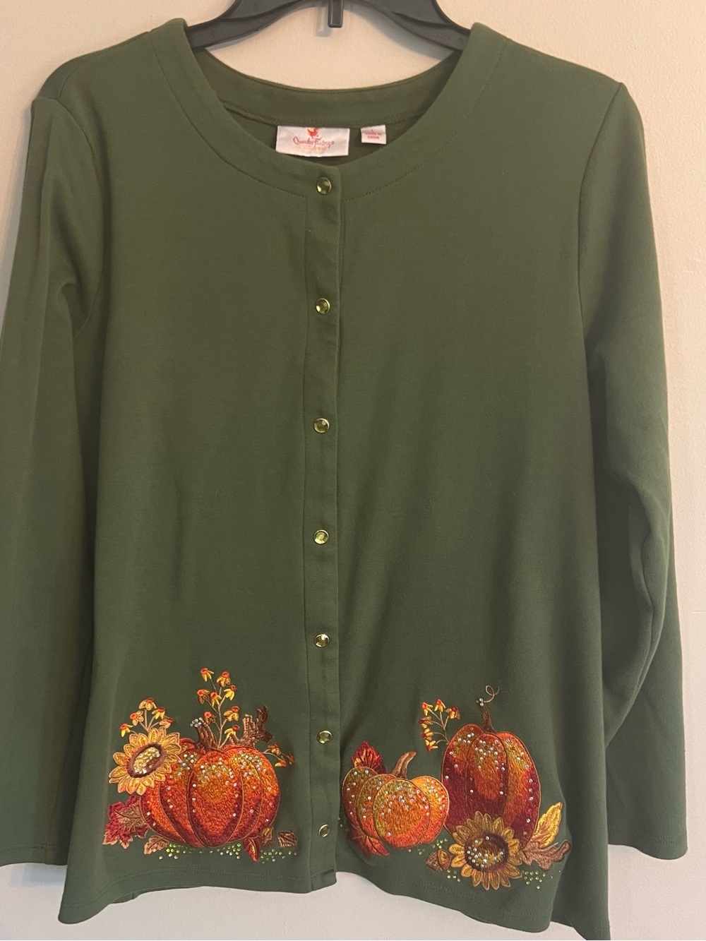 Quacker Factory Olive Green Cardigan with Pumpkin & Sunflower Embroidery